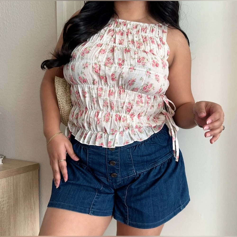 Floral Smocked Lace Tie Top